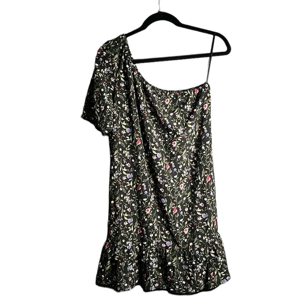 French Grey Black Floral One Shoulder Dress Ruffle Hem Medium